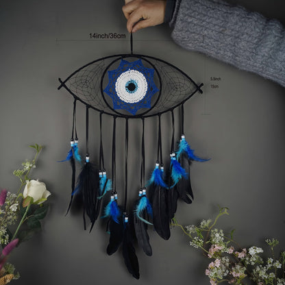 Evil Eye Dream Catcher Wall Decor with Woven Blue Motifs in Black, Beige or Two-Piece Round Set
