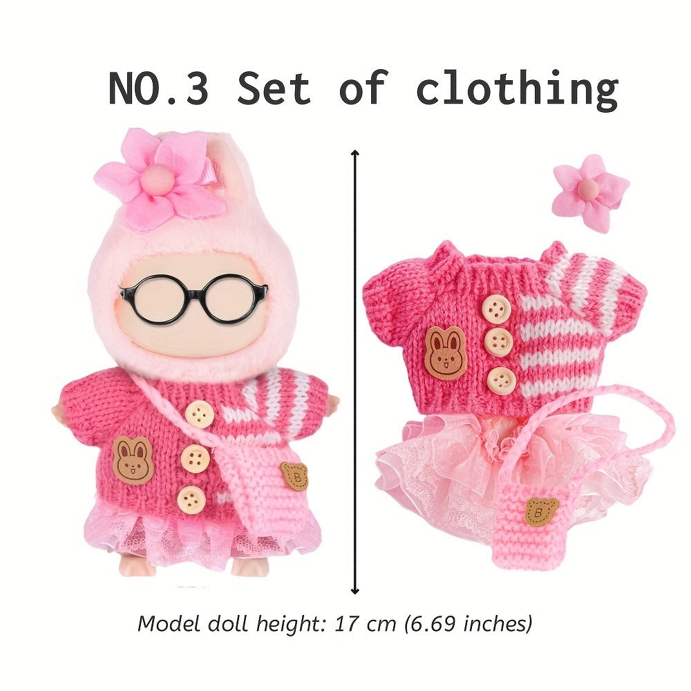 Three-Set Doll Clothes Collection for 17cm Plush Dolls with Knit Tops, Tulle Skirts, Hair Accents and Bags