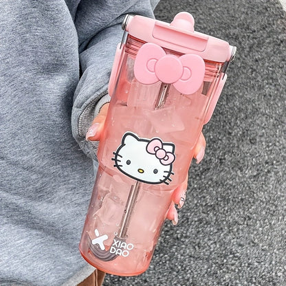 Hello Kitty Water Bottle with Straw 30 Oz – Large Capacity Cartoon Tumbler for Women & Girls – Portable Outdoor Sports Cup with Bow & Sticker – Cute Kawaii Plastic Drinkware Gift