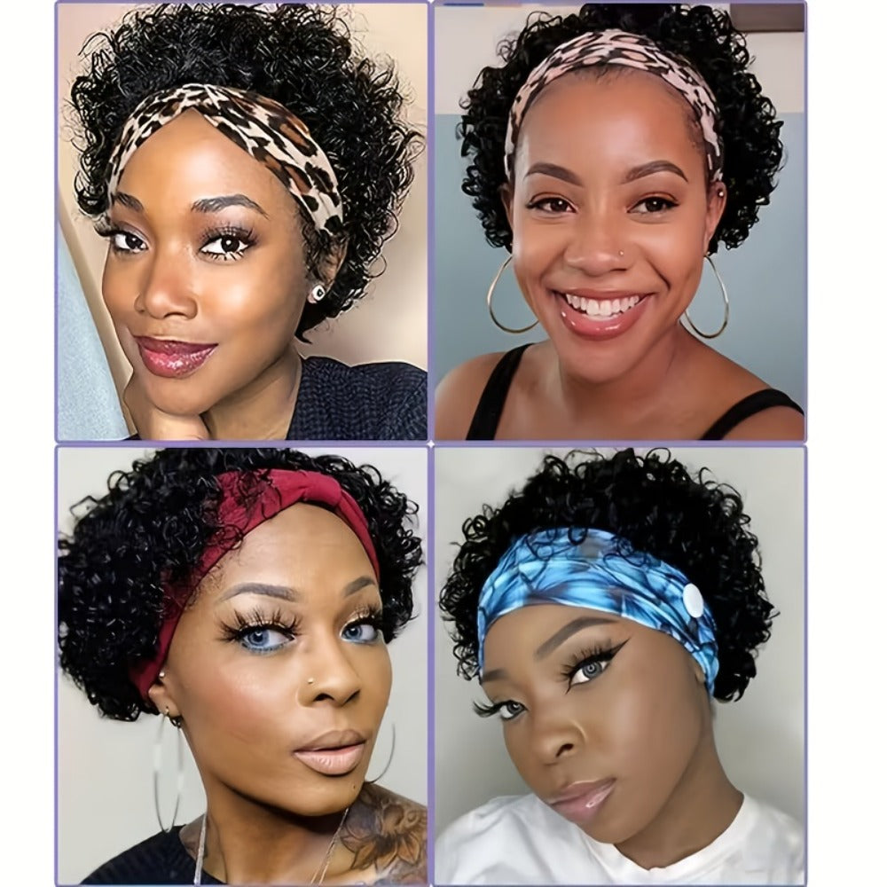 Six-Inch Kinky Curly Headband Wig with Glueless Band in Black, Burgundy or Rust Color Options