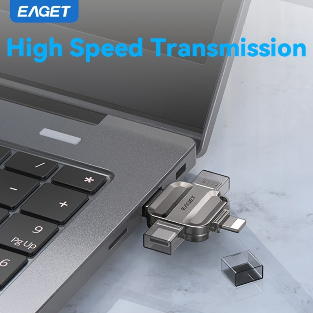 EAGET I50 iPhone Flash Drive USB 3.0 High Speed 4-in-1 Lightning Type-C Micro USB OTG Memory Stick 32GB 64GB 128GB 256GB for iPhone iPad Android Mac PC Photo Backup Storage