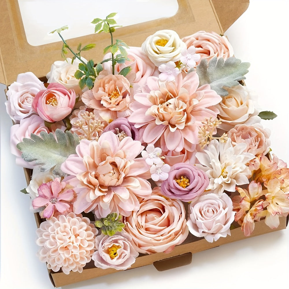 Artificial Roses Box Set for Wedding Bouquet, DIY Centerpiece & Home Decoration – Pink Valentine's Day Spring Flowers