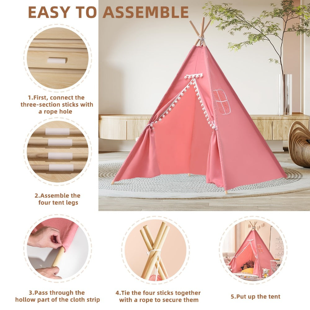 Kids Teepee Play Tent with 140 x 120cm Frame, White, Blue, Pink or Star Fabric Options and No Sitting Mat