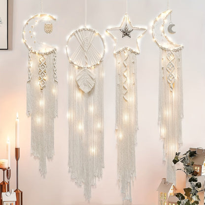 Woven Dream Catcher Wall Decor, Four-Piece Set with Cream Moon, Star and Ring Forms plus Tassels