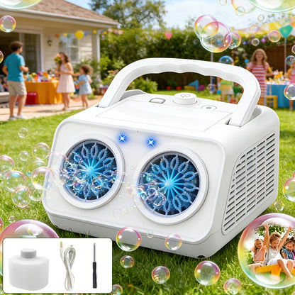 White Dual-Wheel Bubble Machine with Material Thickened Label, Handle, USB Port and Battery Compartment