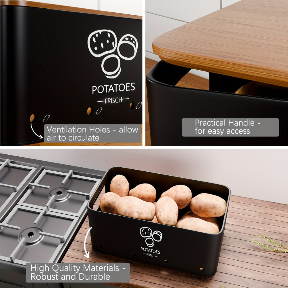 Vegetable Storage Box Set 3 Piece – Potato Onion Garlic Organizer Canisters with Flip-Top Lid, Metal Pantry Kitchen Food Storage Containers