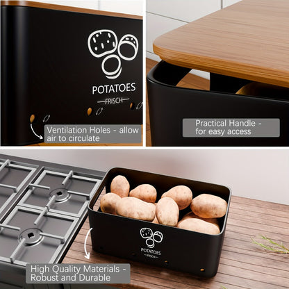 Vegetable Storage Box Set 3 Piece – Potato Onion Garlic Organizer Canisters with Flip-Top Lid, Metal Pantry Kitchen Food Storage Containers