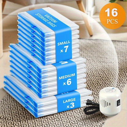 Clear Blue Vacuum Storage Bag Set with Pictured Electric Pump, 16-Piece Checkout Pack and Travel Cases