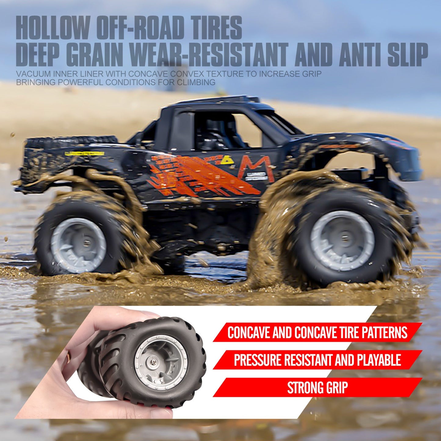 RC Monster Truck or Pickup 1:16 Scale in Five Body and Color Styles with 4WD Layout and Two Rechargeable Batteries