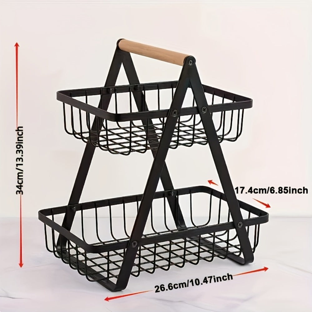 Freestanding Tiered Metal Wire Storage Basket with Wood-Tone Top Handle in Two- or Three-Tier Options