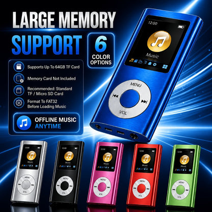 Aluminum Alloy MP3 Player 64GB with Earphone & Charging Cable, Slim 1.8 Inch LCD Portable Music Player, 200mAh Rechargeable Battery, Supports MP3 WMA FLAC APE, TF Micro SD Card Up to 64GB (Card Not Included)