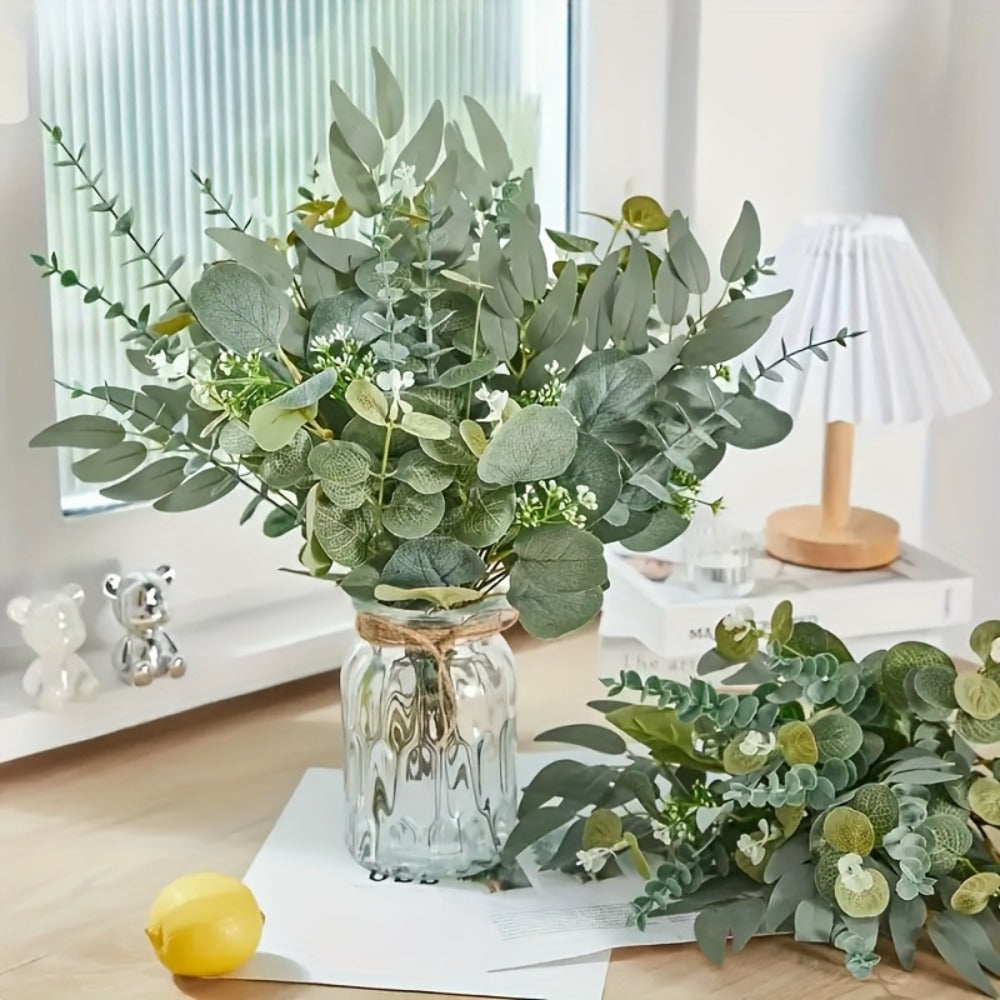 Artificial Flowers Eucalyptus Stem Set in 50 or 56 Pieces with Four Leaf Varieties and White Accents