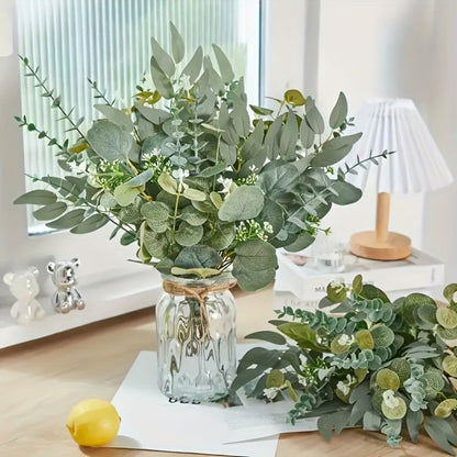 Artificial Flowers Eucalyptus Stem Set in 50 or 56 Pieces with Four Leaf Varieties and White Accents