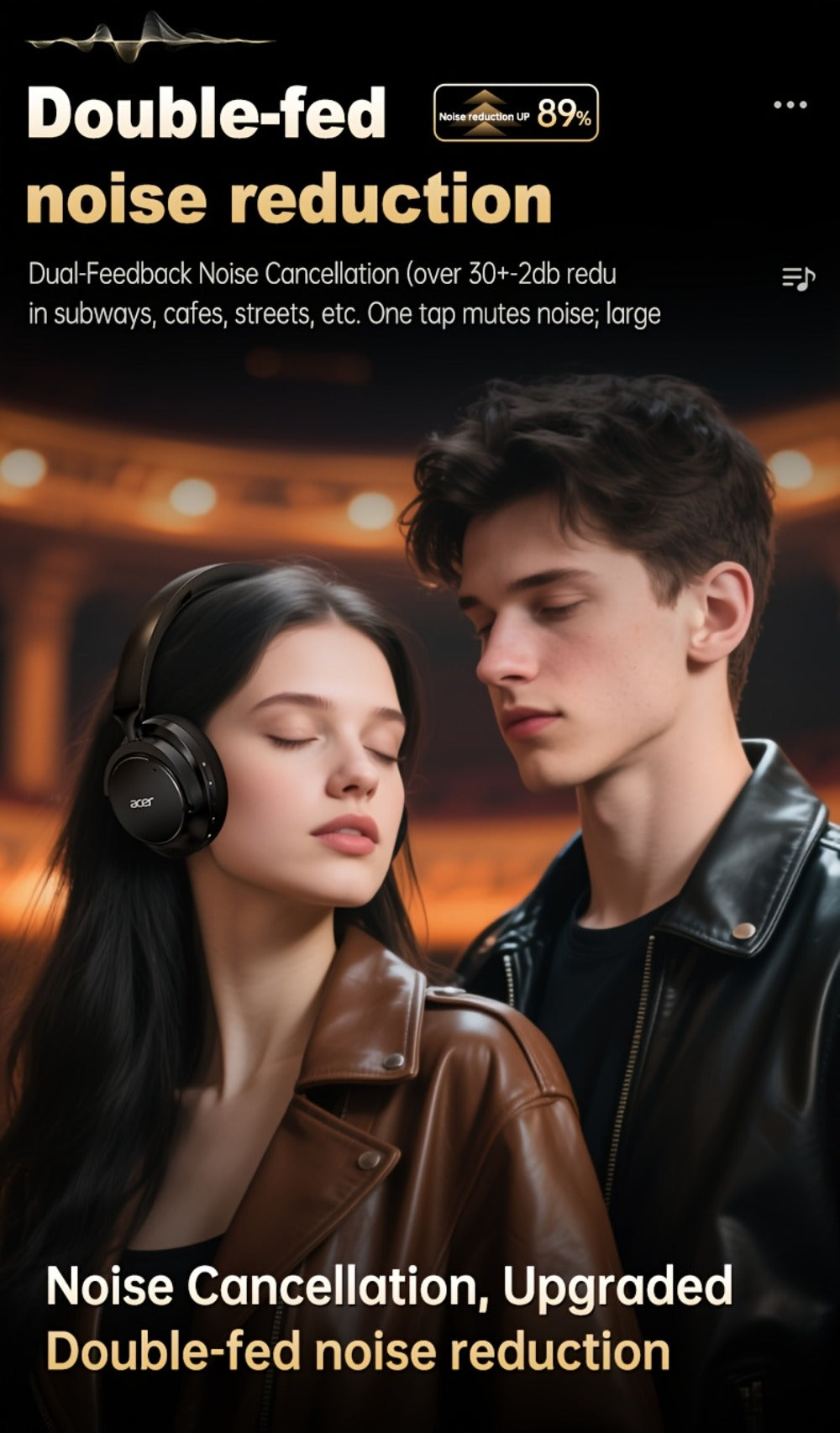 Acer OHR560 ANC Over-Ear Wireless Headphones, Full-Coverage Foldable Design HiFi Stereo HD ENC Call Noise Reduction Built-in Mic, 3.5mm Audio Cable Compatible for Work Travel Gaming Study