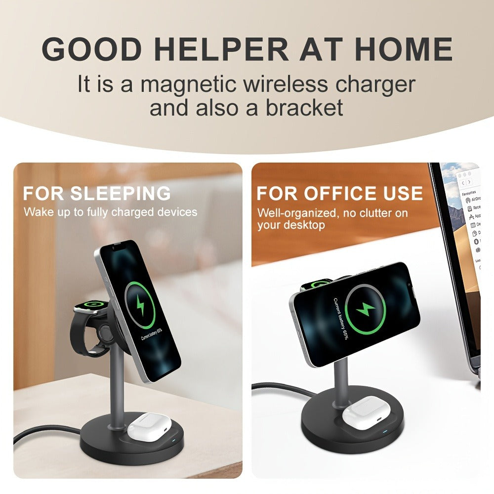 3-in-1 Wireless Charging Station 6 Colors Fast Qi Charger for iPhone 17/16/15/14/13/12, Apple Watch Ultra/Series 11/10/9/SE & AirPods 4/3/2 Pro – Anti-Slip Foreign Object Detection | Pink White Black Purple Green Blue