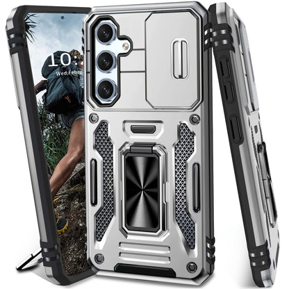 Samsung Galaxy Shockproof Magnetic Phone Case with 360° Rotating Ring Bracket & Sliding Lens Protector – Heavy Duty Cover for S24FE S23FE S22 S21FE Ultra A55 A54 A35 A34 A25 A24 A16 A15 A14 A06 A05 A05S 5G
