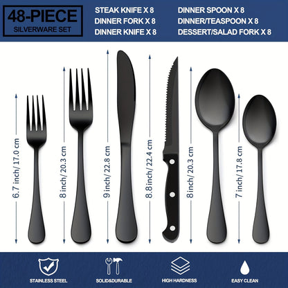 Stainless Steel Flatware Set with Steak Knives – 24/48 Piece Silverware Set Service for 4 or 8, Mirror Polished Cutlery, Dishwasher Safe, Silver & Black