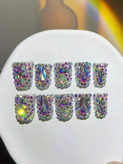 Press On Nails 10-Piece Short Duckbill Set with Glossy Mixed Colors, AB Crystals and Gel Adhesive Tabs