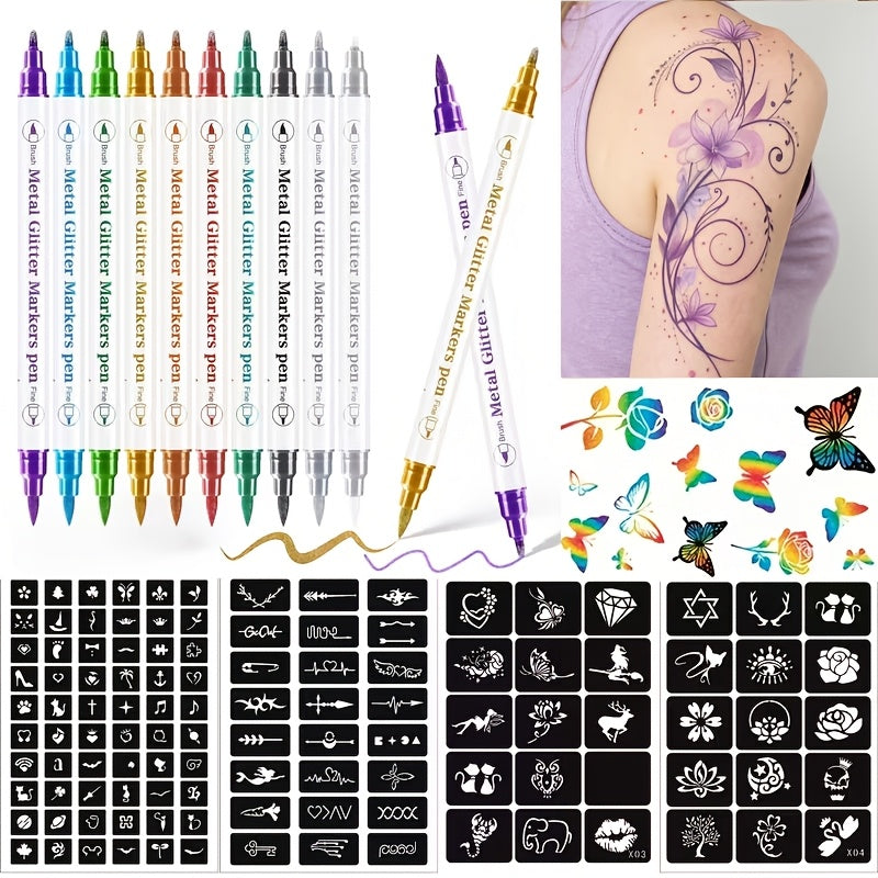 Double-Ended Tattoo Pen Set 10 Pcs with 114 Templates & Butterfly Stickers — Waterproof Sweat-Resistant DIY Temporary Body Art Kit for Parties, Festivals, Halloween & Gifts