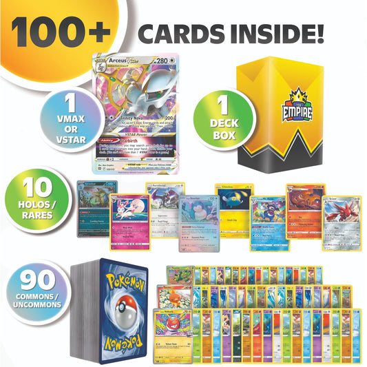 Trading Card Game 100-Card Character Assortment with Mixed Artwork and Included Yellow Storage Box