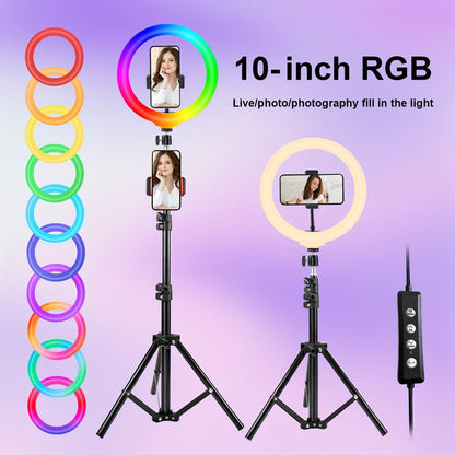 10- or 12-Inch USB Ring Light with Retractable Floor Tripod, Center Phone Holder and Lighting Options