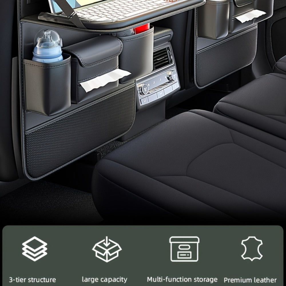 Car Seat Back Organizer PU Leather - Foldable Dining Table, Cup Holder, Multi-Pocket Storage Bag, Universal Fit Back Seat Travel Organizer for Kids & Passengers, 1pc or 2pc Set