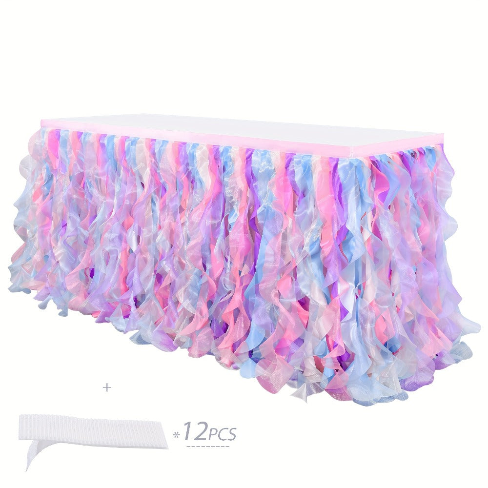 Six-Foot Curly-Willow Tulle Table Skirt with Twelve Color Options and Pictured Attachment Strips