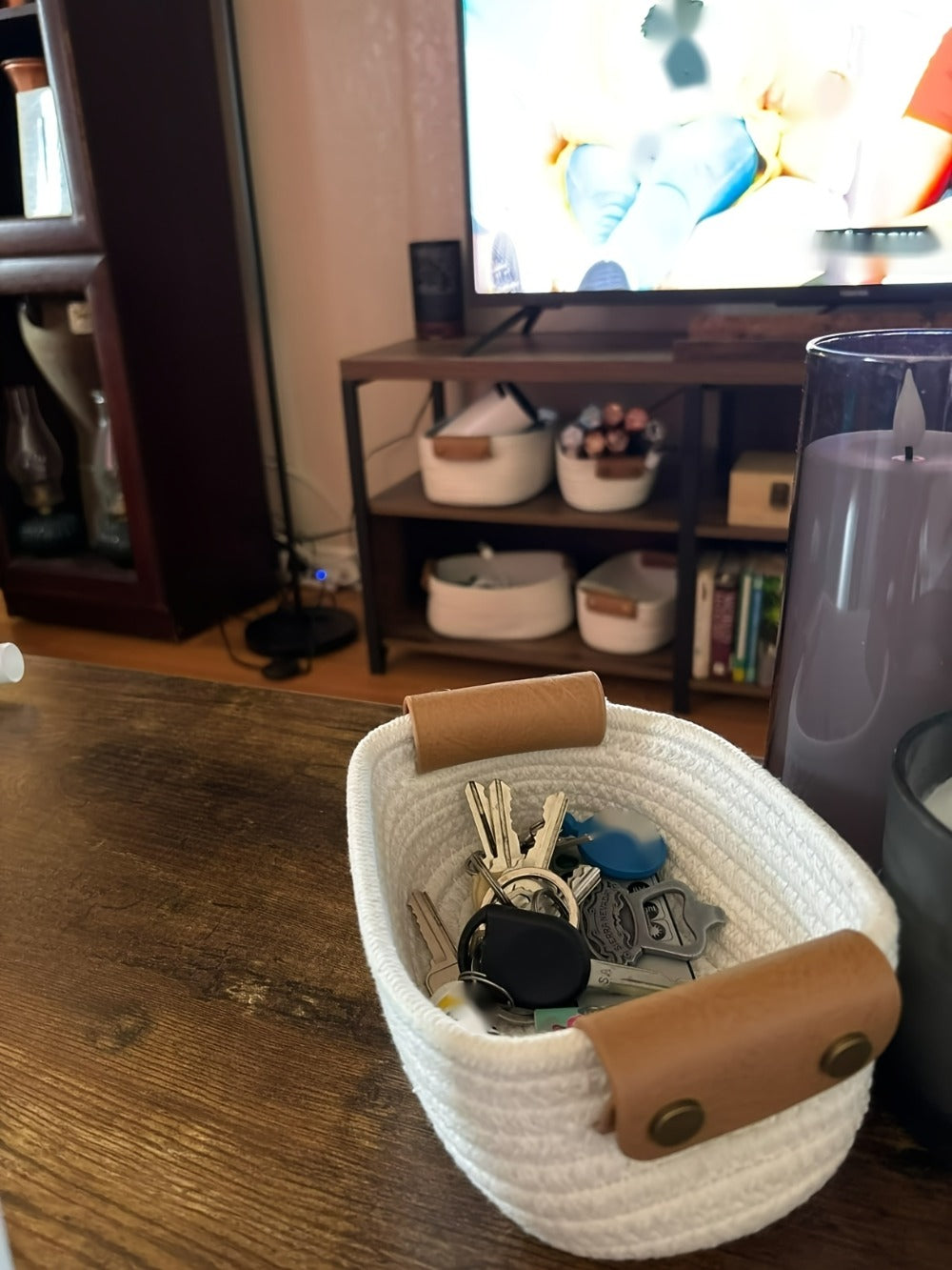 Cotton Rope Storage Baskets Set of 5 with Leather Handles in Four Color Options for Home Organization