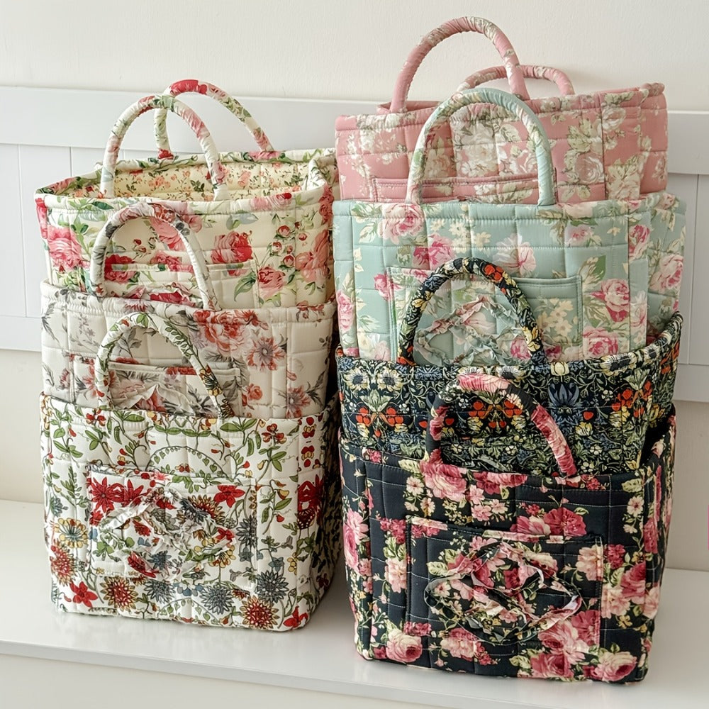 Quilted Floral Carry Storage Basket, Approximately 32 x 26 x 25cm with Two Padded Handles and Seven Patterns