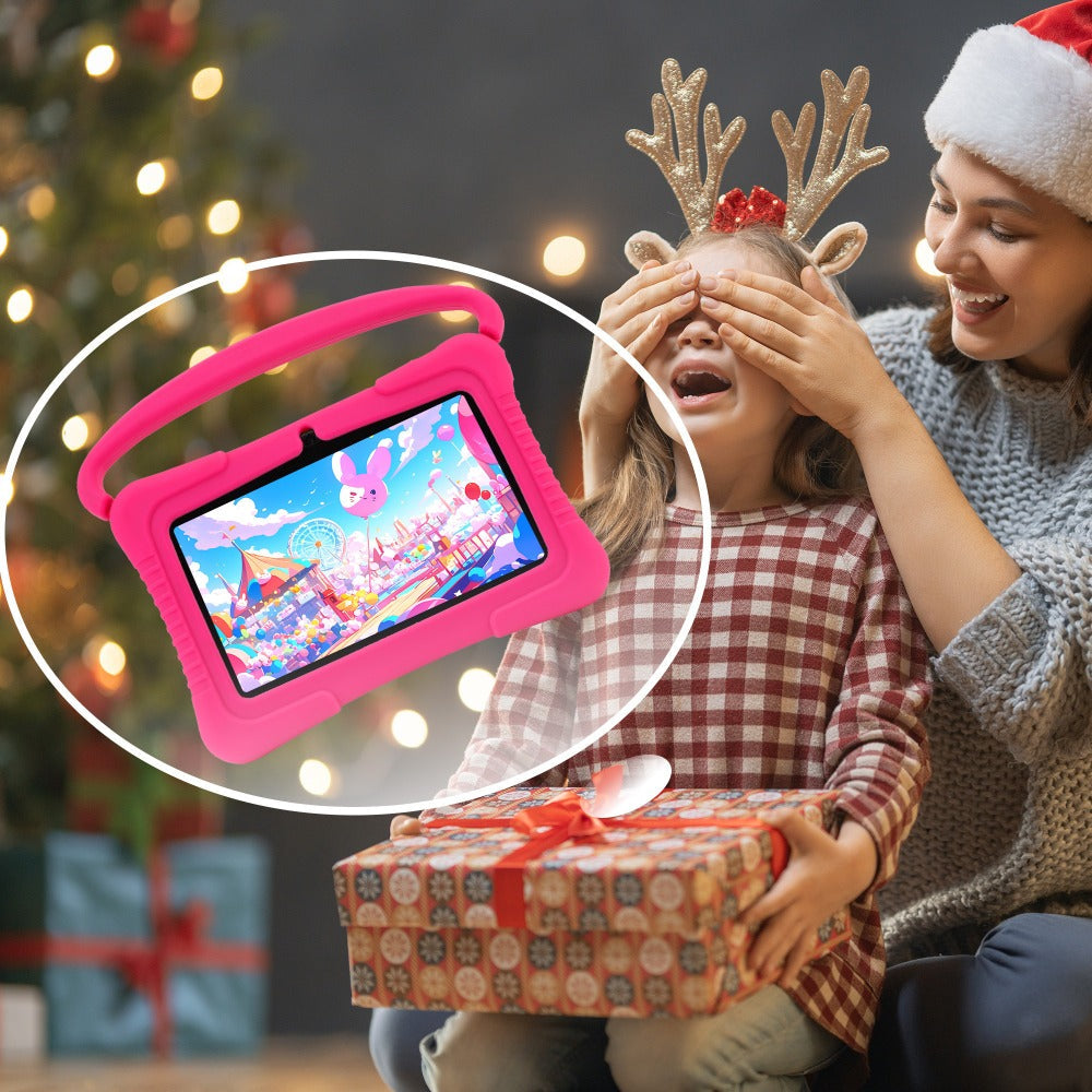 Kids Tablet 7 Inch Android 2GB RAM 16GB with Eye Protection Screen, Dual Camera, Silicone Case & Parental Controls – WiFi Learning Tablet Gift for Boys & Girls Ages 3-10, Pink / Light Blue