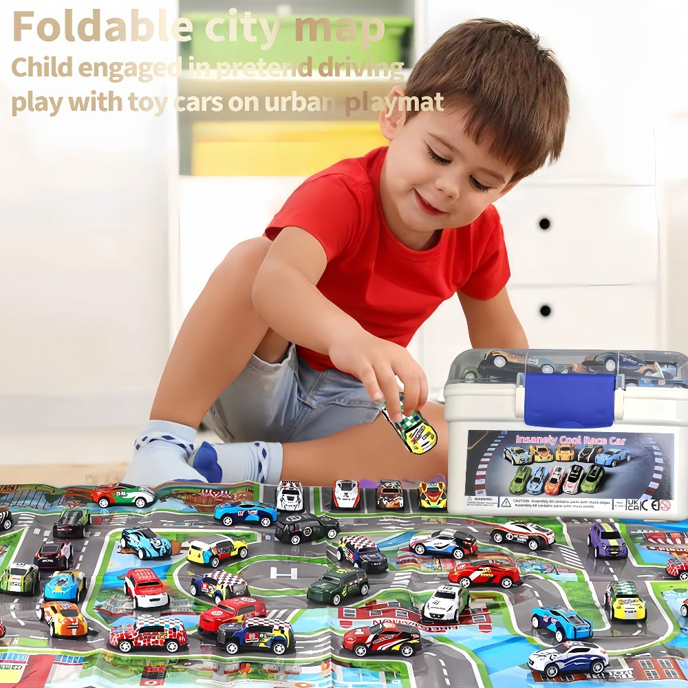 64 Pcs Pull Back Toy Car Set with City Map, Traffic Signs & Storage Box – 56 Mini Die-Cast Vehicles for Kids Boys Girls Ages 3+, Party Favors Birthday Christmas Gift