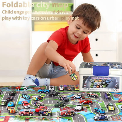 64 Pcs Pull Back Toy Car Set with City Map, Traffic Signs & Storage Box – 56 Mini Die-Cast Vehicles for Kids Boys Girls Ages 3+, Party Favors Birthday Christmas Gift