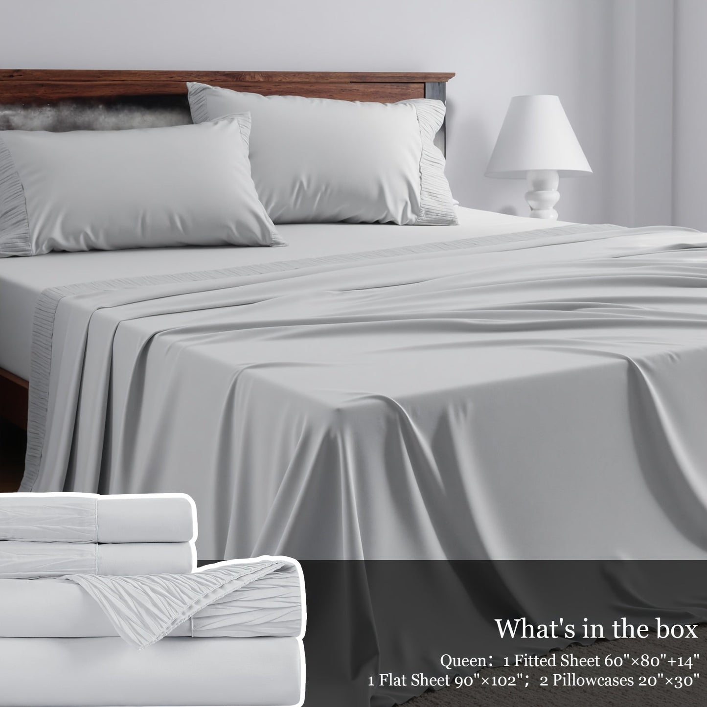 Sheet Set, Four-Piece Solid-Color Bedding with Deep-Pocket Fitted Sheet, Flat Sheet and Two Pillowcases