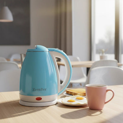 Electric Kettle by ZernBer, 60oz 1000W Stainless Steel Interior with LED Indicator and Heating Base in Blue