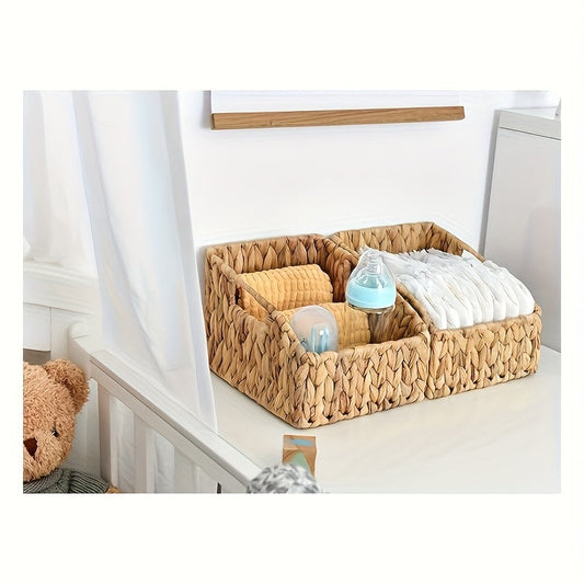 Wicker Storage Baskets 2-Pack - Water Hyacinth & Seagrass Pantry Organizer Bins for Shelves, Kitchen, Bathroom, Bedroom, Boho Home Decor
