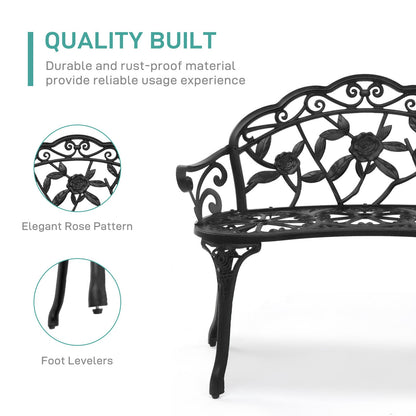 Floral Metal Outdoor Bench with 38.5in Rose-Pattern Seat and Back, Curved Arms and Four Color Options