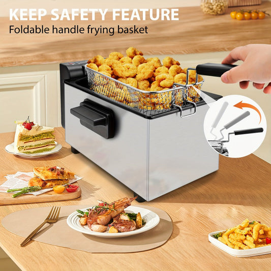 Deep Fryer Stainless Steel Large Capacity with Adjustable Temperature Control - 304 Stainless Steel Oil Fryer with Viewing Lid Cool-Touch Handles Easy Clean Basket, 5 Size Options 1.5L to 6L for Home Kitchen