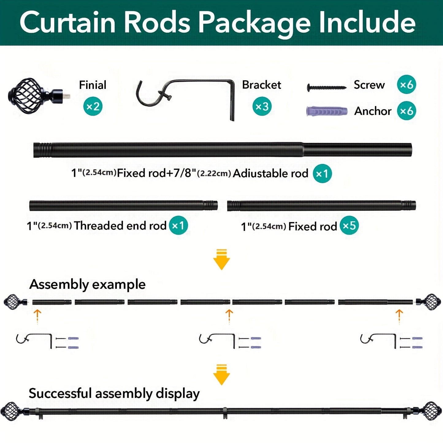 Black Adjustable Curtain Rod with Lattice Finials and Four Length Ranges from 18–32 to 34–152 Inches