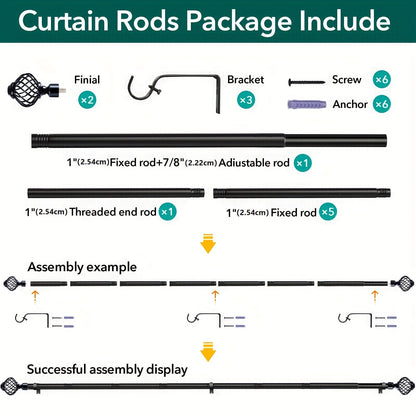Black Adjustable Curtain Rod with Lattice Finials and Four Length Ranges from 18–32 to 34–152 Inches