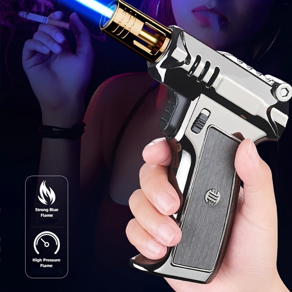 Pistol-Grip Refillable Butane Torch Lighter with Straight Flame in Black, Gold or Silver Finishes