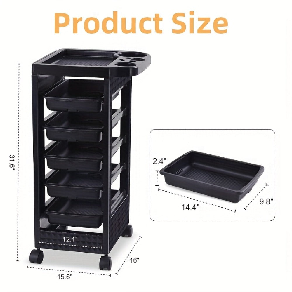 5-Drawer Salon Trolley Cart on Wheels - Professional ABS Rolling Beauty Storage Organizer for Hair Stylist Barber Spa Nail Tattoo Studio, 4 Swivel Casters, Stable Rack, Black