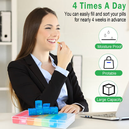 Four-Pack Weekly Pill Organizer Set with Seven Days, Four Daily Compartments and Rainbow Labels