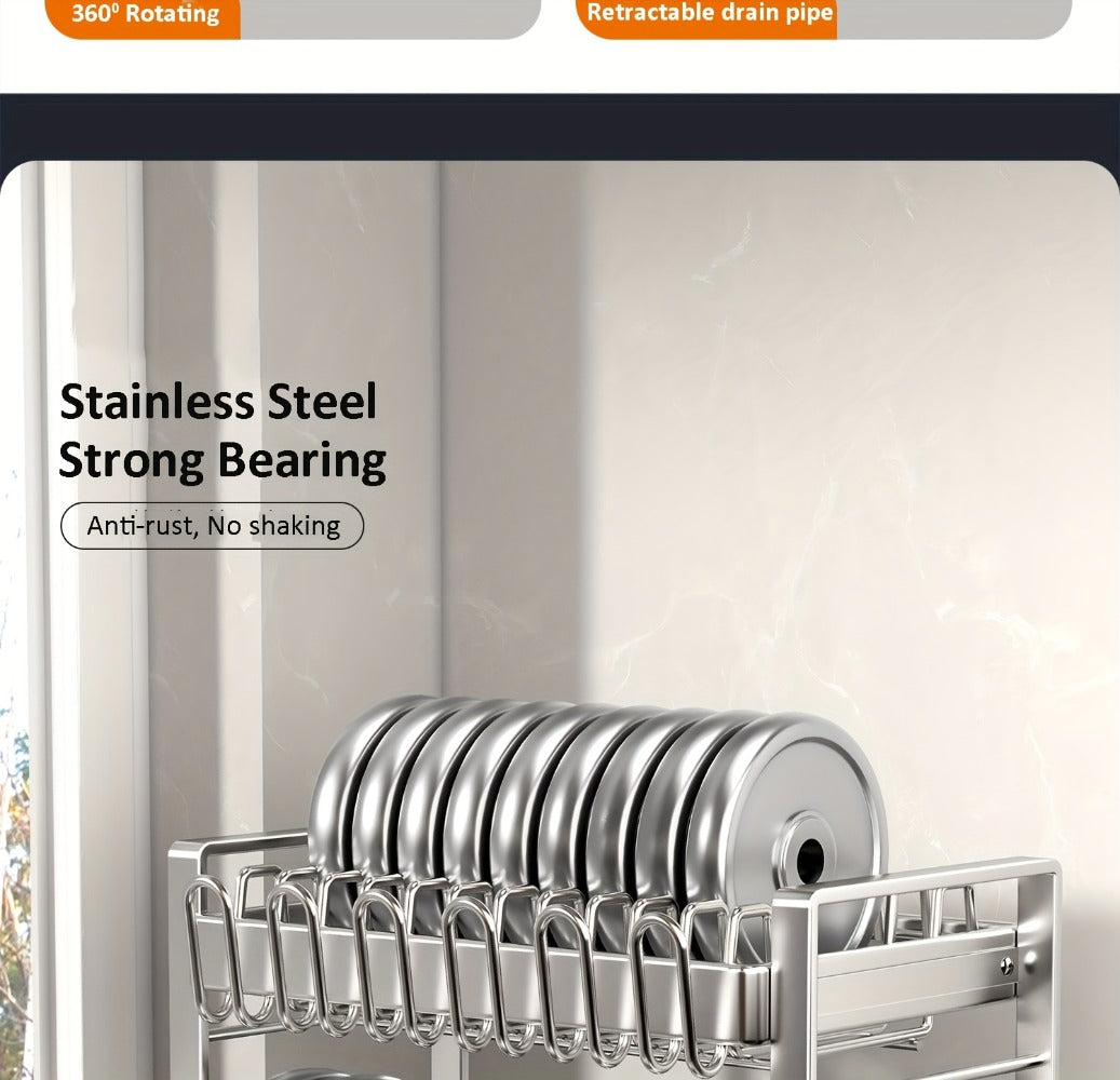 Stainless Steel Two-Tier Dish Drying Rack with Drainboard, Cup Holders, Utensil Caddy and Lid Rack
