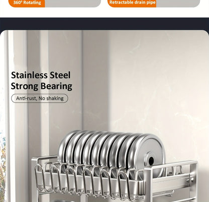 Stainless Steel Two-Tier Dish Drying Rack with Drainboard, Cup Holders, Utensil Caddy and Lid Rack