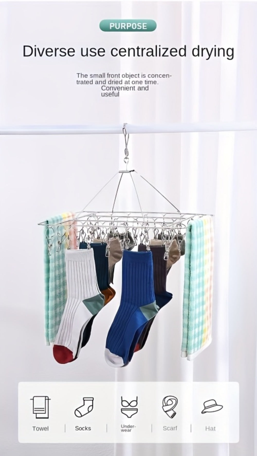 Stainless Steel Hanging Laundry Drying Rack with Square or Round Frame and 30, 40 or 50 Garment Clips