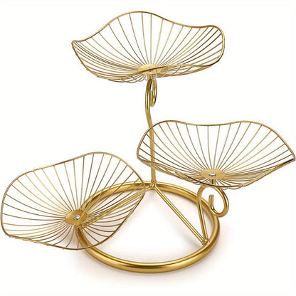 Three-Tier Golden Metal Wire Fruit Basket Stand with Lotus-Leaf Bowls, 46.5 cm Wide Countertop Design