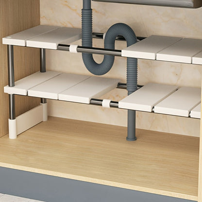 Adjustable Under-Sink Organizer with White Single-Layer Sliding Panels, Metal-Look Supports and Central Plumbing Gap