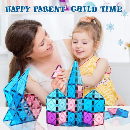 32-Piece Blue and Purple Magnetic Tile Castle Set with Squares, Triangles and Window Pieces