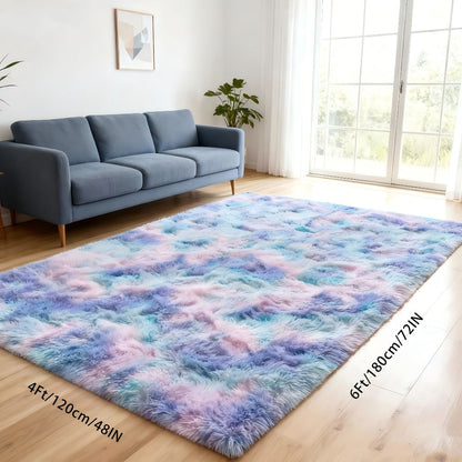Area Rug, 4x6 Foot High-Pile Shaggy Indoor Carpet in Blue or Tie-Dye Rainbow Purple Color Options