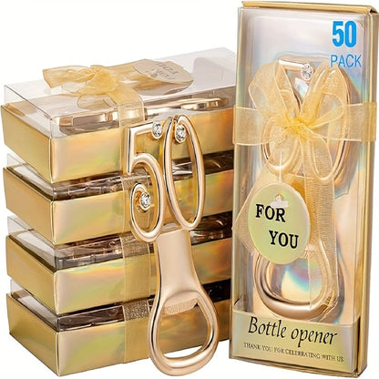 Rhinestone Bottle Opener Party Favors, 50-Piece Gold Set for Birthday, Wedding and Anniversary Guest Gifts
